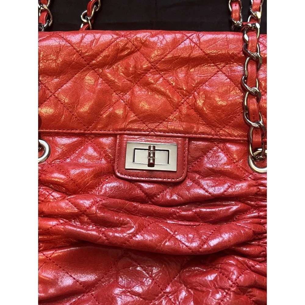Red Quilted Stitched Fold Over Shoulder Bag Silver Hardware Double Handled Purse